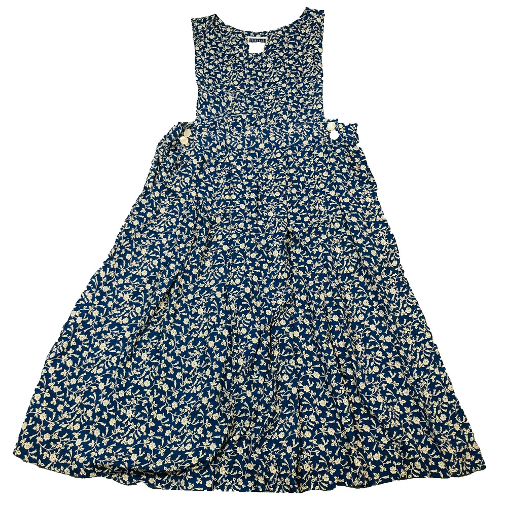 VTG Erika & Co Womens Large Jumper Dress Blue White Floral Rayon Cottagecore B15